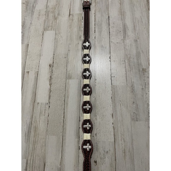 Cowgirl Western  Cross Concho Braided Belt Genuine Hand tooled Leather Sz 32 Red - Picture 1 of 5